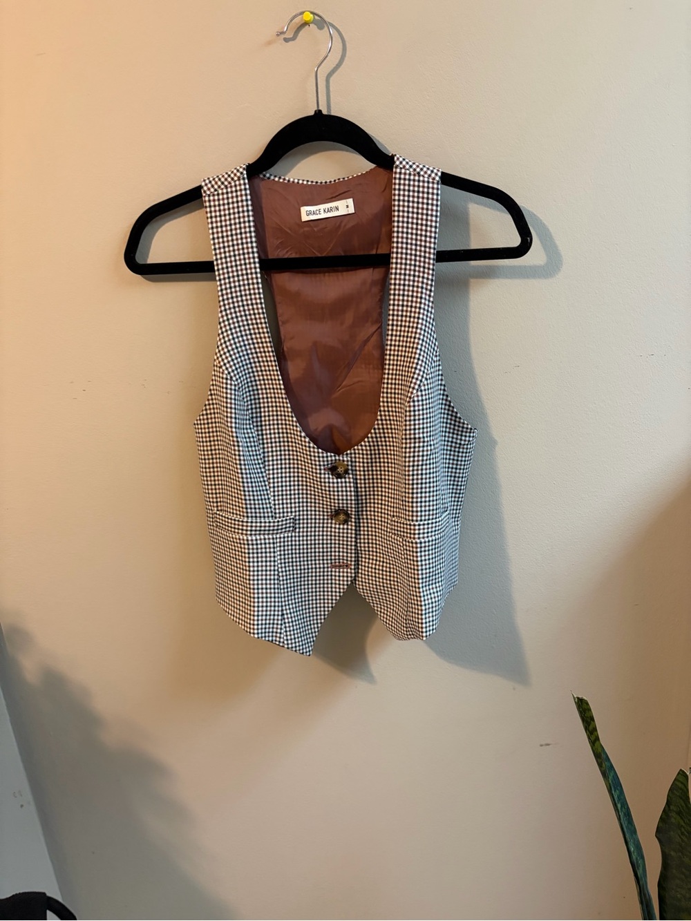 Grace Karin Brown & White Plaid Lined Vest